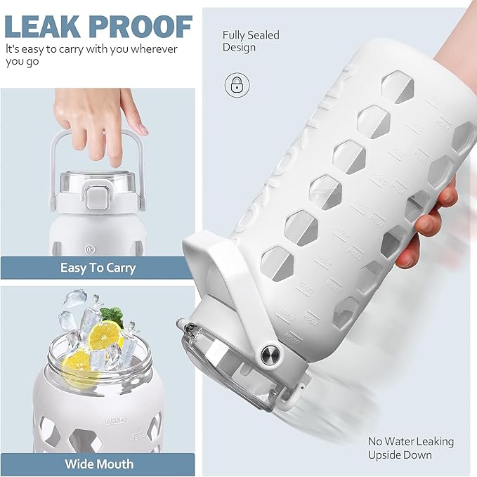 MUKOKO Half Gallon/64 oz Glass Water Bottles with Straw and Lid,Motivational Water Jug with Time Marker Reminder and Silicone Sleeve,100% Leakproof BPA Free Fitness Sports Large Bottle-White