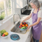 Collapsible Colander 3-Pack Set Space-Saving Foldable Kitchen Strainer with Non-Slip Base Durable Thickened PP+TPE Collapsible Strainers for Pasta, Vegetables, Fruits (Gray-Blue)