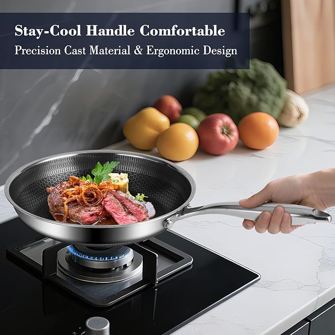 12 Inch Hybrid Non Stick Frying Pan Set Skillet Stainless Steel Skillet Chef's Pan with Matching Lid, PFOA-Free Non-Toxic Cookware, Dishwasher & Oven Safe, Induction Compatible All Cooktop