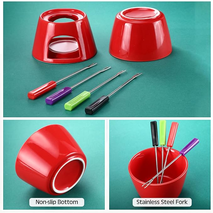 Mudder 6 Pieces Fondue Mug Ceramic Pot and 24 Pieces Forks Set for Melting Chocolate, Cheese, Broth or Tapas on Christmas Gift Valentine's Day(Red)