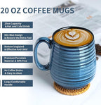 20 oz Stoneware Coffee Mugs, Large Ceramic Coffee Cups Set of 2 for Tea Soup Cereal Cocoa, Pottery Mugs for Office and Home, Unique Latte Cups for Men/Women Gift, Blue