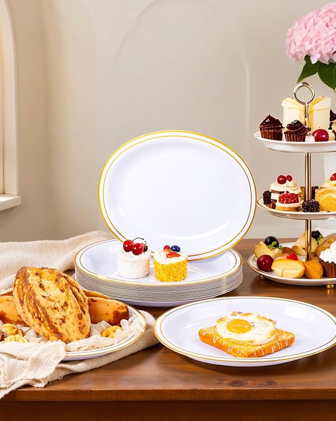 YOUBET 24PCS Oval Plastic Plates - 13 inch Super Strong White and Gold Disposable Platters, Heavy Duty Serving Trays for BBQ, Picnic, Party, Wedding, Thanksgiving