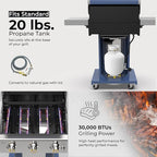 Permasteel 3-Burner Propane Gas Grill, 30,000 BTUs BBQ Grill with Cast Iron Grates, Foldable Side Tables & Tool Hooks, Outdoor Grill, Azure