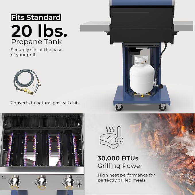 Permasteel 3-Burner Propane Gas Grill, 30,000 BTUs BBQ Grill with Cast Iron Grates, Foldable Side Tables & Tool Hooks, Outdoor Grill, Azure
