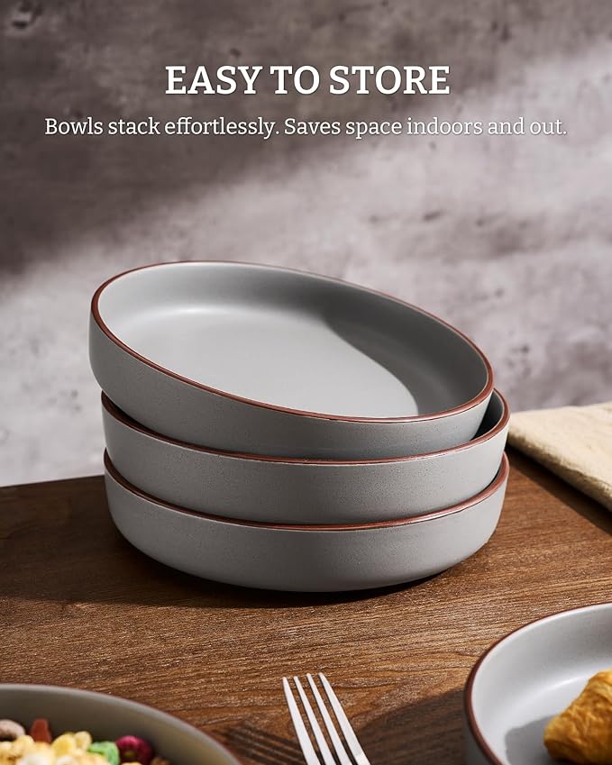 famiware Mercury Pasta Bowls Set of 8, 33 oz Large Salad Bowls, Ceramic Pasta Plates Bowls, Serving Bowls for Kitchen, Microwave & Dishwasher Safe, Dark Gray