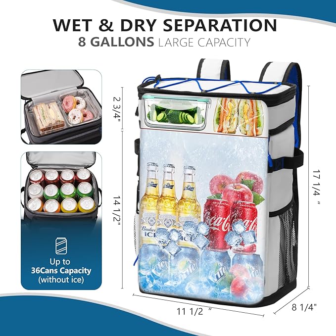 Large Backpack Cooler 36 Can Cooler Backpack with 2 Insulated Compartments Leak Proof Waterproof Travel Backpack, Camping Beach Picnic Lunch Thermal Bag for Women and Men