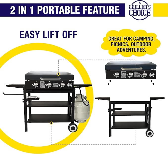 Griller's Choice Gas Griddle with Hinged Hood & Wind Guards, 4 Shelves, Propane Griddle for Flat Grills Outdoor Cooking, Front Grease Management, Steel Flattop Grills Surface, Precision Heat Control