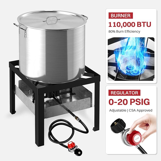 50QT Crawfish Boiler | Seafood Boiling Kit | Dustproof Cover & 12" Skimmer Included | 110,000BTU Propane Jet Burner | 0-20 PSI CSA Certified Regulator | Crab Boil Pot for Outdoor Backyard Cooking