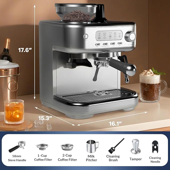 Automatic Espresso Coffee Machine with Grinder, Steam Milk Frother, LCD Display, 78 OZ Removable Water Tank for Cappuccino and Latte