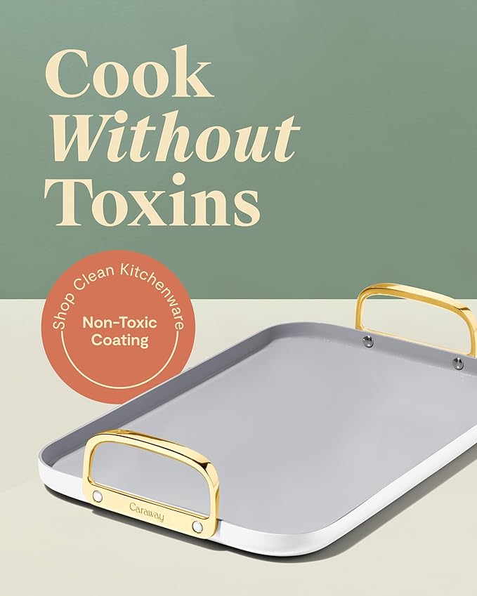 Caraway Double Burner Griddle - 19x12” Griddle Pan - Non-Stick Ceramic Coated - Non Toxic, PTFE & PFOA Free - Oven Safe & Compatible with All Stovetops - White