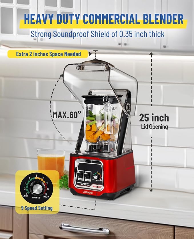 CRANDDI Professional Smoothie Blender, 2200W Commercial Soundproof Quiet blender with Removable Soundproof Shield for Crushing Ice, MilkShakes, Puree, Self-Cleaning, 50oz 110V K80 (Red)