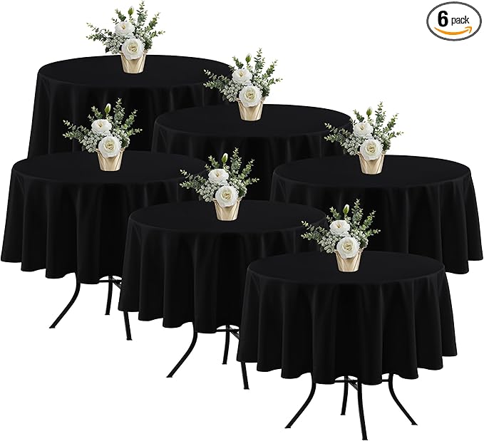 Fitable 6 Pack Black Round Table Clothes - 70 Inches in Diameter - Stain Resistant and Washable Tablecloths, Polyester Fabric Table Covers for Wedding, Party, Banquet, Gathering