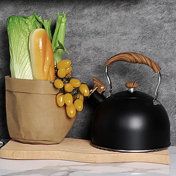 Whistling Tea Kettle 2.5L, Stainless Steel Kettle with Wood Pattern Folding Handle, for Tea Coffee (Black)