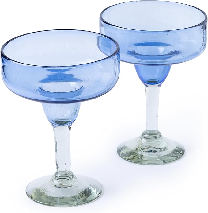 16 oz Hand Blown Mexican Margarita Glasses Set of 2 - Light Cobalt - MEXICAN GLASSWARE