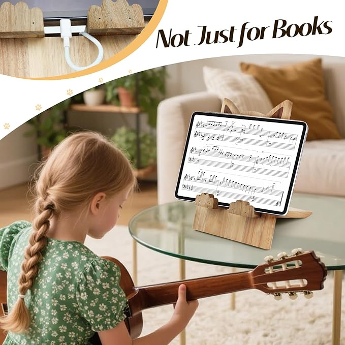 Wood Cookbook Stand for Kitchen Counter Cat Shaped Recipe Holder Book Shelf iPad Support Music Rest
