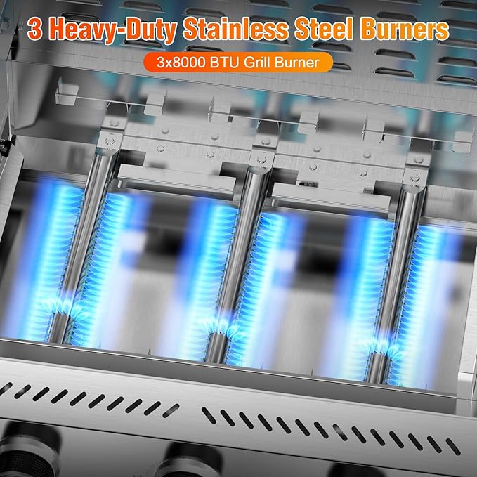 G31 Gas Grill, 3-Burner Gas Grill with Folding Side Tables,Stainless Steel 24,000 BTU BBQ Grill,Outdoor Propane Grill for Barbecue,Patio,Camping