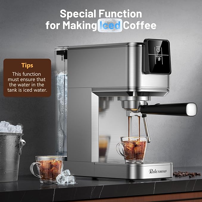 Espresso Machine, 20 Bar Professional Espresso Coffee Maker with Milk Frother Steam Wand, Hot & Iced Coffee Machine, Compact Stainless Steel Coffee Machine for Cappuccino,Latte,Cold Brew
