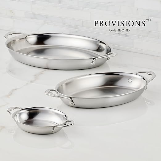 Hestan Provisions - Large Oval Roaster/au Gratin Dish, 5.5 Quart Clad Stainless Steel (17.5 x 14")