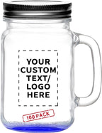 DISCOUNT PROMOS Custom Libbey Handle Mason Jars w/Lids 16 oz. Set of 100, Personalized Bulk Pack - Traditional style, High standard - Blue