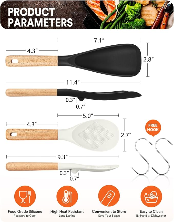 Cooking Spoon and Rice Scooper for Nonstick Cookwares, Great for Cooking and Serving Sturdy BPA-Free Matte Silicone, Wood Handle Spoon for Mixing, Scoop, and Scrape (Black Spoon & White Scooper）