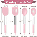 P&P CHEF Pink Kitchen Cooking Utensil Set of 4, Silicone Solid Spatulas Slotted Spoons Turners for Non-stick Cookware Flipping Mixing, Heat-proof