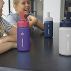 ThermoFlask Kids Bottle with Straw Lid - Durable & Dishwasher-Safe Water Bottles & Lids - Leak-Proof Bottle Lid Design - Reusable Water Bottles for Everyday Use - 14 oz, Harbor Grey/Denim (2 Pack)
