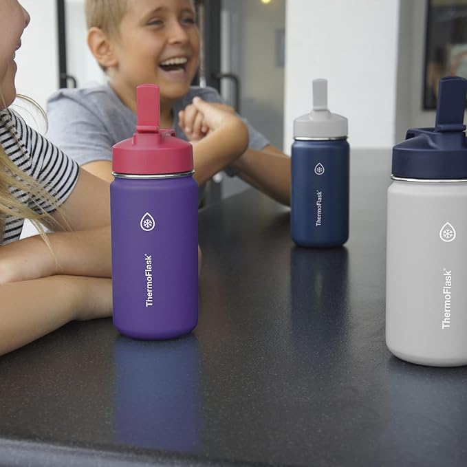 ThermoFlask Kids Bottle with Straw Lid - Durable & Dishwasher-Safe Water Bottles & Lids - Leak-Proof Bottle Lid Design - Reusable Water Bottles for Everyday Use - 14 oz, Harbor Grey/Denim (2 Pack)