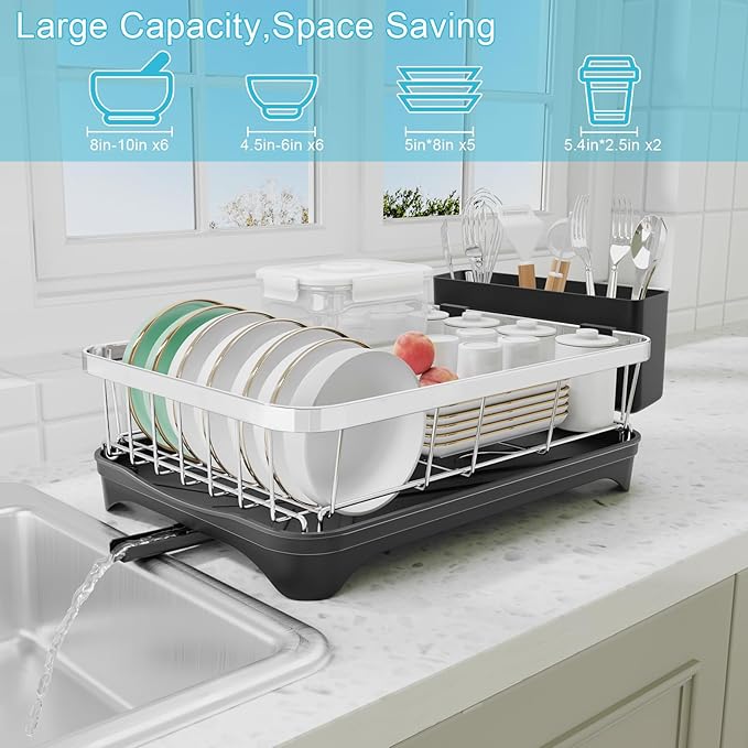Dish Drying Rack 304 Stainless Steel Dish Rack with Drainboard,Space Spaving Auto-Draining Drying Racks for Kitchen Counter,Large Capacity Dish Racks for Bowls, Cups, Dish Drainer Black