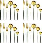 24Pcs Gold Mirror Silverware Flatware With Green Handle, 18/0 Stainless Steel Cutlery Set Utensils Kitchen Dinnerware Include Knife Fork Spoon and Teaspoon, Service for 4