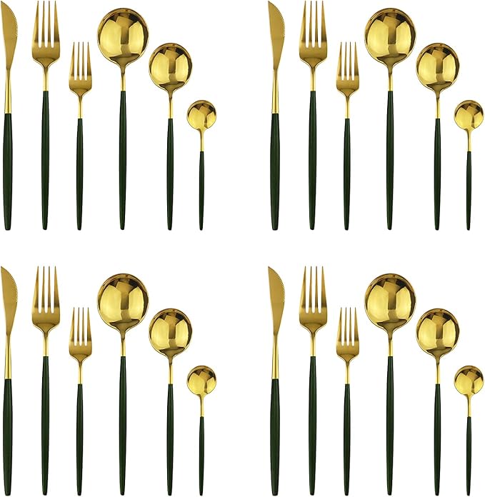 24Pcs Gold Mirror Silverware Flatware With Green Handle, 18/0 Stainless Steel Cutlery Set Utensils Kitchen Dinnerware Include Knife Fork Spoon and Teaspoon, Service for 4