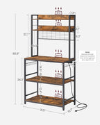VASAGLE Hutch Bakers Rack with Power Outlet, 14 Hooks Microwave Stand, Adjustable Coffee Bar with Metal Wire Panel, Kitchen Storage Shelf, 15.7 x 31.5 x 66.9 Inches, Rustic Brown and Black UKKS025B01