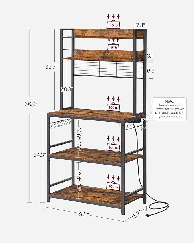 VASAGLE Hutch Bakers Rack with Power Outlet, 14 Hooks Microwave Stand, Adjustable Coffee Bar with Metal Wire Panel, Kitchen Storage Shelf, 15.7 x 31.5 x 66.9 Inches, Rustic Brown and Black UKKS025B01