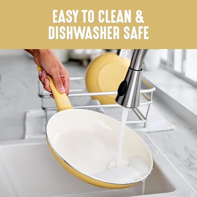 GreenLife 16 Piece Nonstick Cookware Set, Soft Grip Non-Toxic PFAS-Free Ceramic Pots & Pans, Dishwasher & Oven Safe, Frying, Sauce, Saute, Utensils, Glass Lids, Stay-Cool Handles, Wobble Free, Yellow