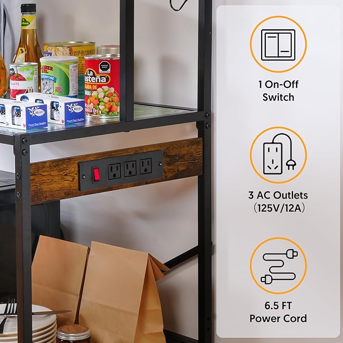 Bakers Rack for Kitchen, 33-inch Wide Coffee Bar Station with Power Outlet, 5 Tier Microwave Stand Storage Shelf with S-Shaped Hooks, Metal Frame with Coloured Glass Tabletop