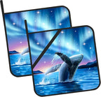 Whale with Aurora on Starry Pot Holders 2 PCS for Kitchen, Heat Resistant Hot Pads for Cooking Grilling Baking BBQ, Pot Holders for Women Cook Essentials Accessories Home Microwave