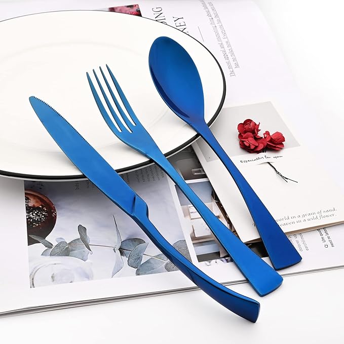 Blue Tableware 20Pcs Mirror Polished 18/10 Stainless Steel Luxury Flatware - Heavy Cutlery Set Service For 4 Include Knives/Forks/Spoons/Salad Fork/Teaspoon, Dishwasher Safe
