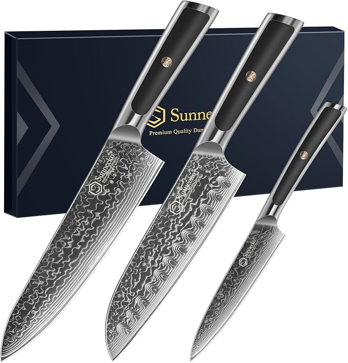 Sunnecko Damascus Kitchen Knife Set 3 Piece, Sharp Chef Knife Set Professional Kitchen Knives Sets Full Tang with Gift Box