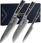 Sunnecko Damascus Kitchen Knife Set 3 Piece, Sharp Chef Knife Set Professional Kitchen Knives Sets Full Tang with Gift Box