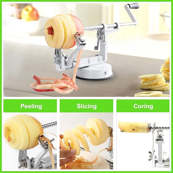 Apple Peeler Corer, Long lasting Chrome Cast Magnesium Alloy Apple Peeler Slicer Corer with Stainless Steel Blades and Powerful Suction Base for Apples and Potato(White)
