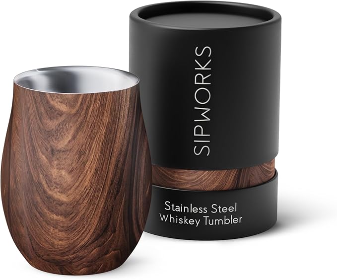 Sipworks Insulated Whiskey Tumbler - 8 oz Stainless Steel Bourbon Lowball Tumbler with Double Walled Vacuum Insulation - Spill Resistant Cocktail Nosing Glass Mug | Travel & Parties - Mahogany