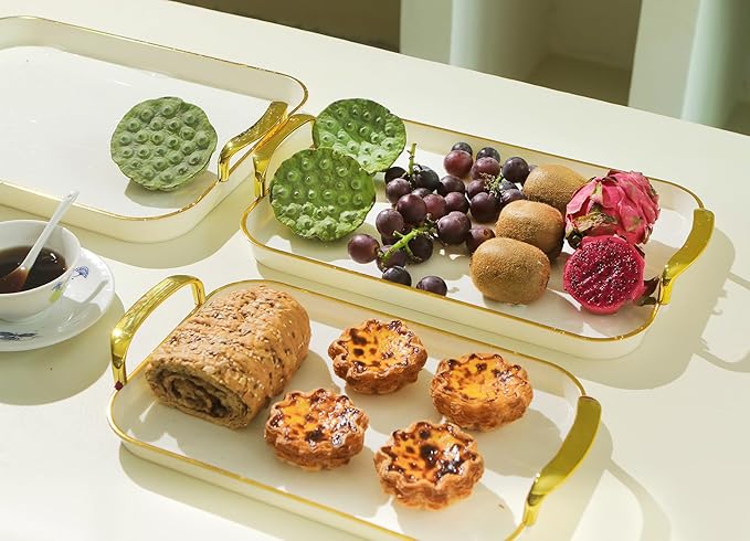 Set of 3 Serving Platters with Handles 16.5/15/13.2 Inch Large Party Serving Trays, Reusable Rectangular White Plastic Trays for Food, Dinner, Cookie, Cake, Turkey, Cheese, Fruit, Appetizer