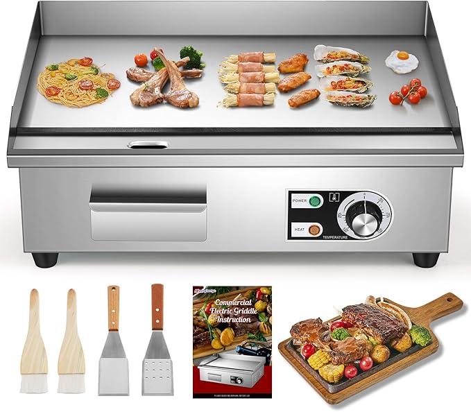 Moogiantgo Commercial Electric Griddle 22’’, 1600W Non-Stick Countertop Flat Top Grill Stainless Steel, Removable Oil Box, Adjustable Temperature 0-300℃, Teppanyaki Grill for Restaurant Kitchen, 110V