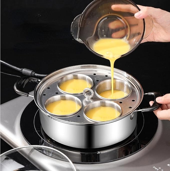 Egg Poacher Pan, Poached Egg Pan Stainless Steel Egg Pan with 4 Cups Egg Cooker Poached Egg Maker for Kitchen (without coating)