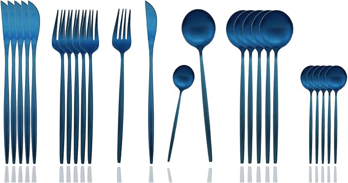 JASHII Silverware Set, 24-Piece Stainless Steel Flatware, Kitchen Utensil Set for 6, Tableware Cutlery - Matte Blue, Dishwasher Safe