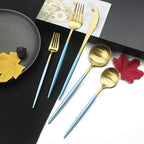 JASHII Luxury 18/10 Blue Handle Flatware Gold Silverware Set 304 Stainless Steel Flatware Cutlery Set| 5-Piece Adaline Royal Modern Satin Finish| BEST Birthday Wedding Gift (Blue Handle Matte Gold)