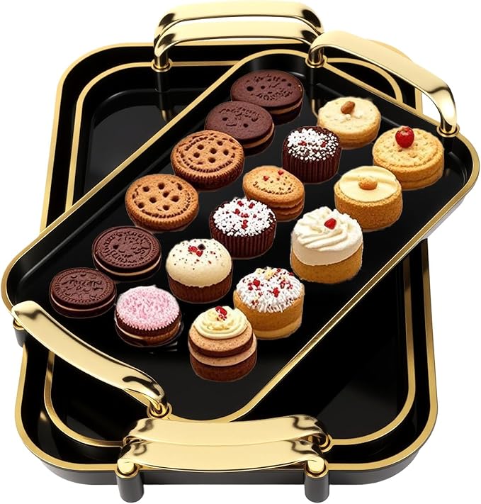 Serving Tray with Handles Set of 3 Rectangular Large Serving Platters 16.5/14.9/13.2 Inch White Plates for Dinner, Party, Entertaining, Black Gold