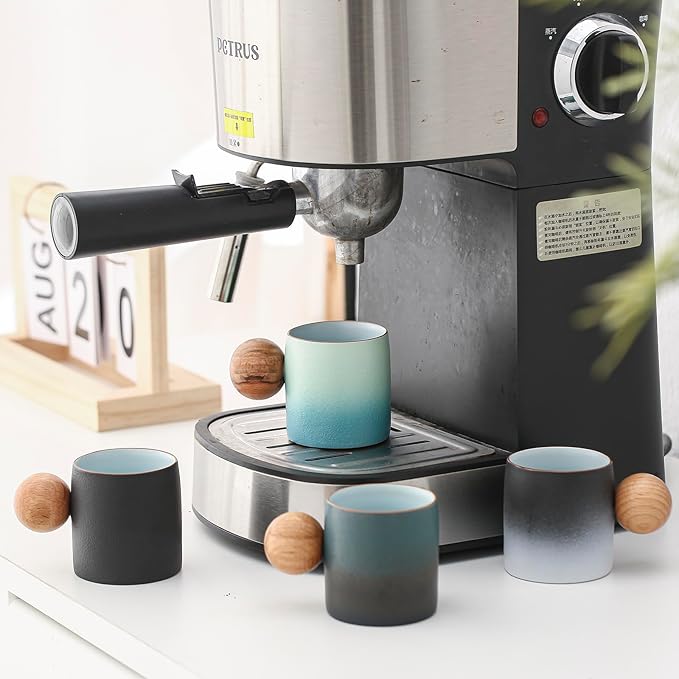 2-Oz Ceramic Espresso Cups with Wood Handle, 2/4-Piece Set for Coffee, Tea, Latte - Dishwasher Safe, Multi-Color & Wood Styles, Gift & Café Use (blue black, Round handle4)