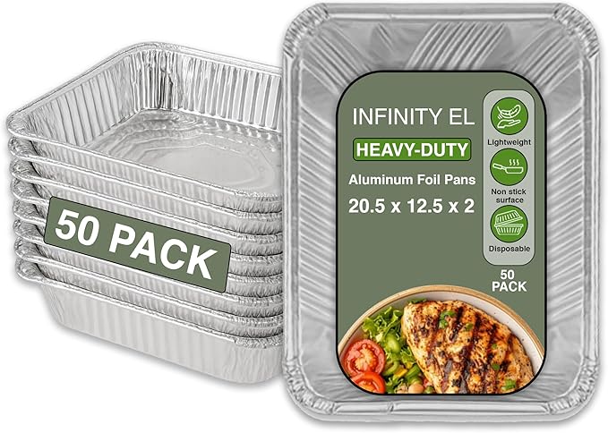 INFINITY EL Disposable Aluminum Foil Pans 50 Pack | Full Size Shallow Steam 20.5"x 12.5"x 2" Disposable Aluminum Baking Pan | Heavy Duty Foil Pan for Roasting Turkey, Lasagna, Thanksgiving, Christmas