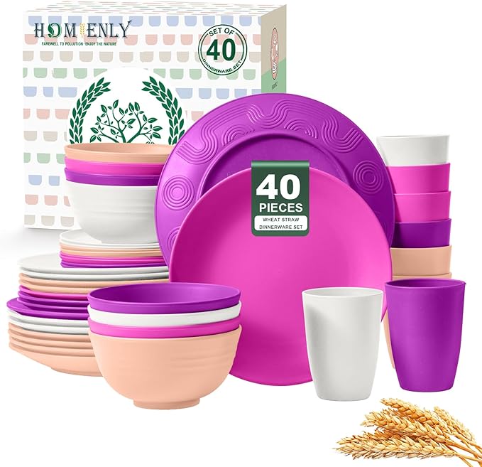 Homienly 40-Piece Wheat Straw Dinnerware Set, Reusable Plates and Bowls Sets, Alternative to Plastic Dishes Set-Dinner Plates with Textured Pattern, Bowls, Cups, Dishwasher Safe - Pink Flower