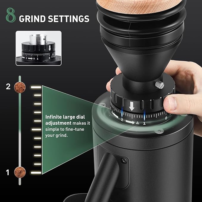 Huanyu Professional Coffee Grinder Adjustable RPM, Time-Based Dosing, Stainless Steel Flat Burr with 8 Stepless Grinding Settings